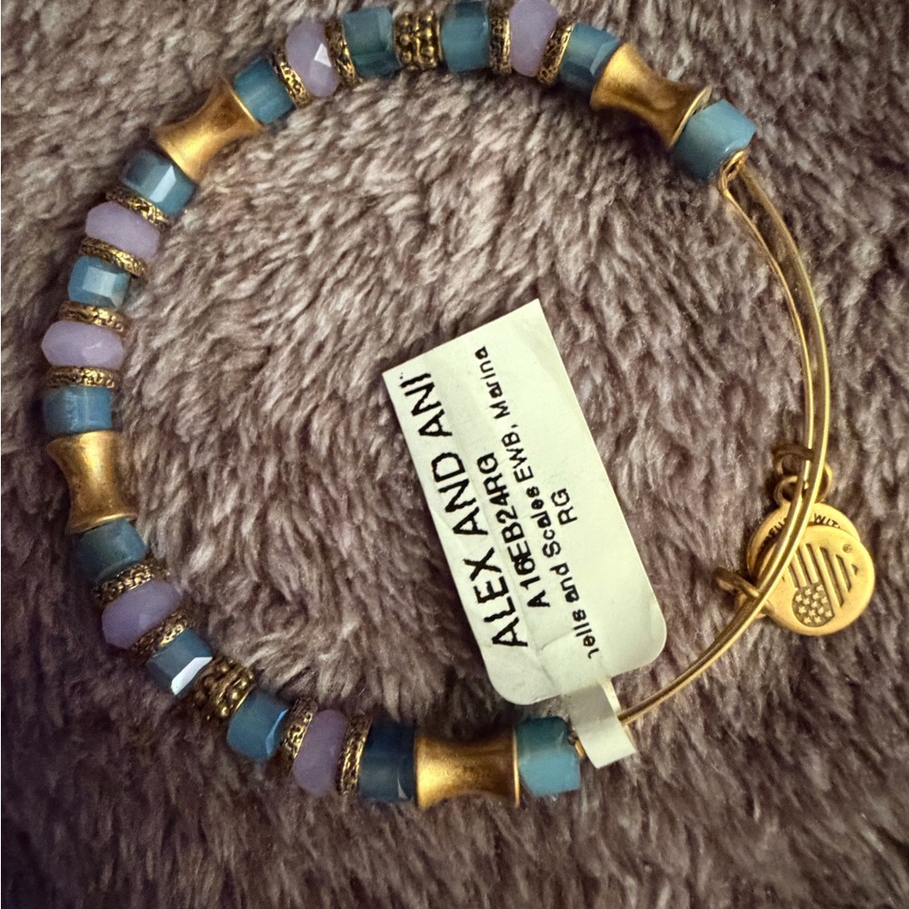 Alex and Ani Gold-Tone Turquoise & Lavender Beaded Bangle Bracelet